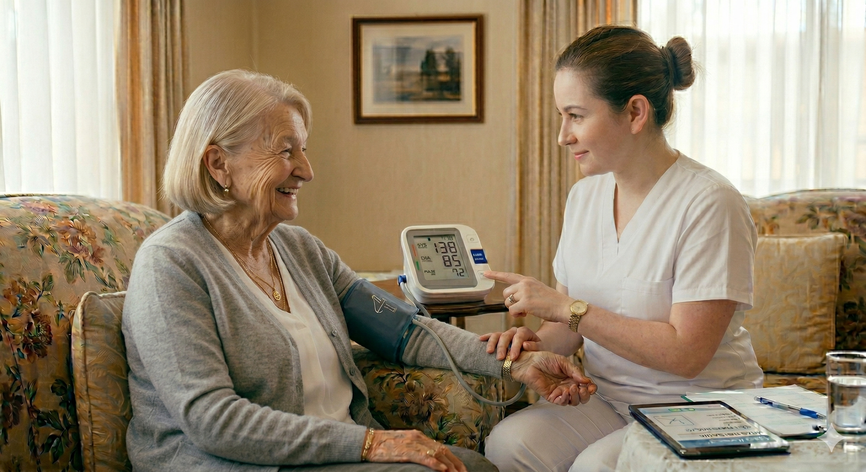 Cuidadora profesional tomando la presión